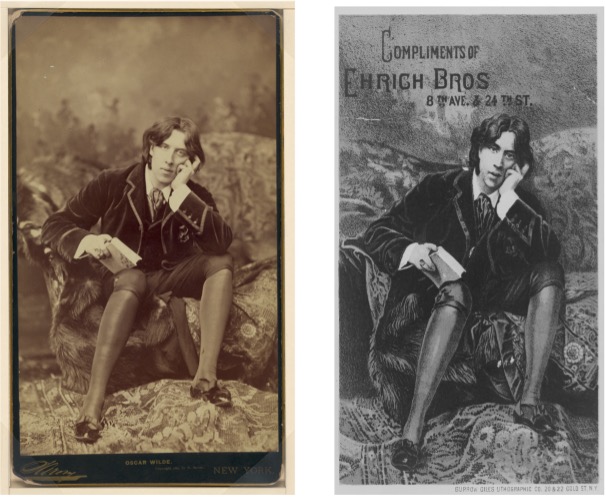 Left, a sepia-toned portrait of Oscar Wilde seated on an ornate chair, head resting on one hand, a book in the other. He wears a dark velvet jacket, knee-length breeches, stockings, and slippers, posed pensively against a patterned backdrop. Right, a black-and-white reproduction of the same. The patterned background and Wilde’s thoughtful expression are clearly visible.
