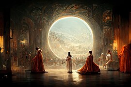 A grand, ornate hall opens to a massive circular window revealing a sunlit mountainous city beyond. Figures in flowing robes, some in white and others in deep orange, stand facing the view, their posture reverent. The scene is bathed in warm, golden light.