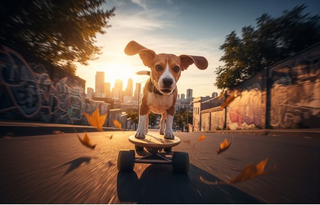 From a low angle, a joyful beagle with ears flying expertly rides a skateboard down a steep urban hill during a cinematic, “golden hour” sunset. A city skyline is backlit by the setting sun.