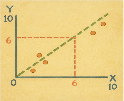 A scatter plot with five orange data points, a green dashed diagonal line representing a trend, and red dashed lines intersecting at the point (6,6). Axes are labeled X and Y, ranging from 0 to 10, on a beige background.
