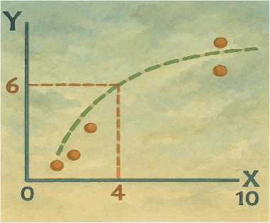 A scatter plot with five orange data points on a textured blue-and-beige background. A green dashed curve rises steeply before leveling off, intersecting red dashed lines at the point (4,6). Axes are labeled X and Y, ranging from 0 to 10.