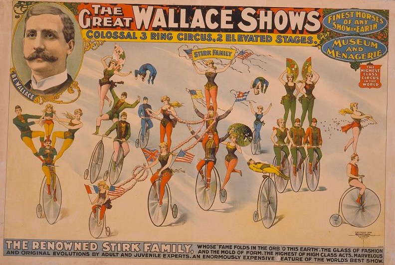 Colorful vintage circus poster for “The Great Wallace Shows,” featuring the Stirk Family performing elaborate balancing acts on unicycles. Acrobats in bright costumes form human pyramids, wave flags, and jump through hoops.