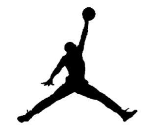 The black silhouette of a basketball player in mid-leap, legs spread wide and one arm extended upward holding a ball.