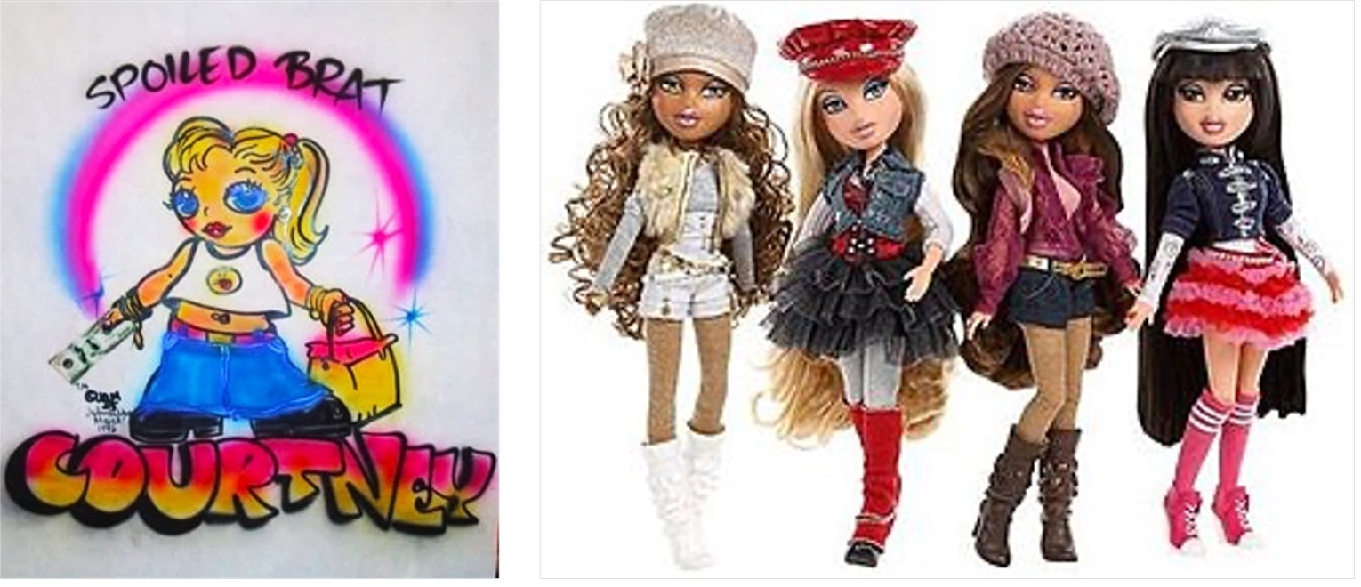 Left: A colorful cartoon of a blonde girl labeled “Spoiled Brat Courtney,” wearing sunglasses, a crop top, and blue jeans, holding cash in one hand and a pink shopping bag in the other, with a neon circle background. Right: Four Bratz dolls dressed in fashionable, edgy outfits with hats, skirts, boots, and high heels, each with distinct hairstyles and poses.