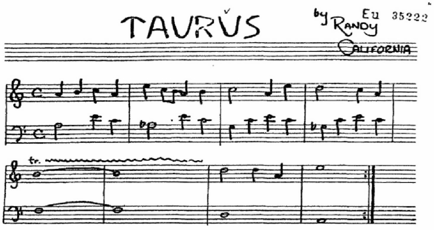 A handwritten sheet of music titled “Taurus” by Randy California. The score shows treble and bass clefs with musical notes and symbols, including a trill marking. The manuscript is in black ink on white paper, with the title written in large letters at the top center and the composer’s name in the upper right corner.