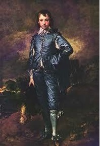 Classic portrait of a young boy standing outdoors, dressed in an elaborate blue satin outfit with lace trim. He holds a black hat in one hand and gazes directly at the viewer. The background features a dark, moody landscape with clouds and muted foliage. The second version has deeper, more saturated colors, especially in the blues and background, giving it a higher-contrast, more vivid appearance.