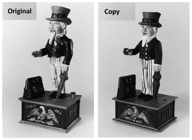 Side-by-side black-and-white photos of a vintage mechanical bank shaped like Uncle Sam. The “Original” version (left) has sharper details and slightly different facial features, while the “Copy” version (right) appears less detailed and with subtle design variations in the hat, face, and clothing.