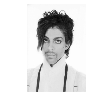 A black and white portrait photograph of Prince taken in 1981 by Lynn Goldsmith