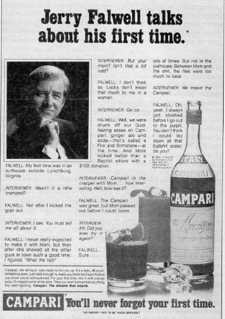 A black-and-white parody advertisement styled as an interview with Jerry Falwell for Campari liquor. The headline reads, “Jerry Falwell talks about his first time.” The text humorously plays on double meanings, making it sound risqué before revealing it refers to drinking Campari. On the right, there’s an image of a Campari bottle with a glass of the drink and ice.
