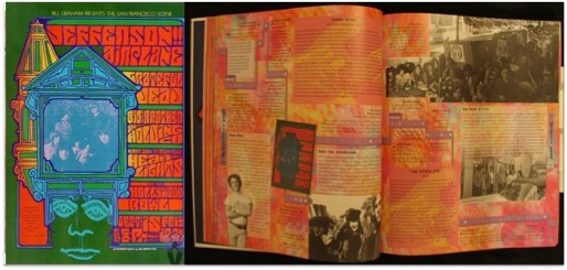 Left: A psychedelic concert poster with bright green, orange, purple, and blue colors promoting “Bill Graham Presents the San Francisco Scene” featuring Jefferson Airplane, Grateful Dead, and other bands. The design includes ornate shapes framing a central photo and stylized text. Right: An open magazine spread with a vibrant orange and yellow patterned background, blocks of text, and black-and-white photos of musicians and events from the same era.