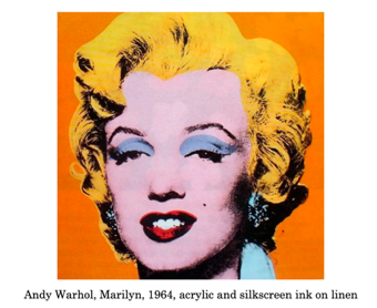 Andy Warhol’s 1964 pop art portrait of Marilyn Monroe, created with acrylic and silkscreen ink on linen. Monroe’s face is rendered in pink tones with bright yellow hair, blue eyeshadow, and red lips, set against a vivid orange background. The bold colors and high-contrast style are characteristic of Warhol’s work.