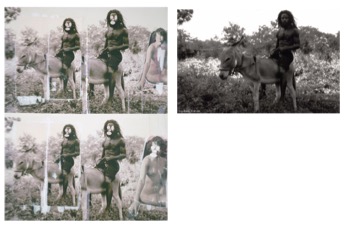 Two sets of black-and-white images show a man with long hair and a beard riding a donkey in a natural, wooded setting. On the left, the photo has been altered into an artwork with repeated panels and superimposed images of nude female figures. On the right, the original unaltered photograph shows the man seated bare-chested on the donkey, looking directly at the camera.