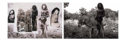 Two side-by-side black-and-white images. On the left, a collage-style artwork overlays fragments of nude female figures with the repeated image of a man on a donkey, his and the women’s faces obscured by white blotches. On the right, the original photograph shows the man bare-chested with long hair and beard, sitting on a donkey in a natural outdoor setting, facing the camera.