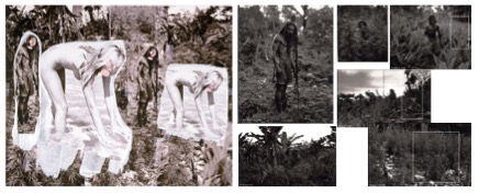Two sets of black-and-white images. On the left, a collage overlays repeated figures of a nude woman bending forward with face obscured, alongside images of a man standing in vegetation. On the right, individual photographs show the same long-haired, shirtless man among dense plants, some framed with rectangles highlighting details of the foliage and his figure.