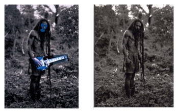 Two black-and-white images show a shirtless man with long dreadlocks standing in a forested area. On the left, the photograph has been altered, with his face obscured by blue shapes and a blue electric guitar digitally added across his body. On the right, the original unaltered photo shows him standing with arms relaxed at his sides, looking downward.