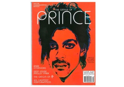 An orange silkscreen portrait of Prince on the cover of a special edition magazine published in 2016 by Condé Nast