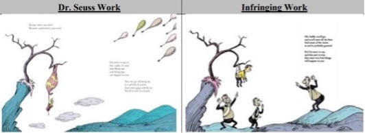 Two illustrated book pages compared. On the left, a whimsical scene shows a small figure dangling upside down from a tree branch, with balloon-like shapes drifting across the sky above a blue hill. On the right, the same background is used but the characters are different: several figures in uniform are shown, one hanging from the branch while two others stand on the hill below, gesturing upward.
