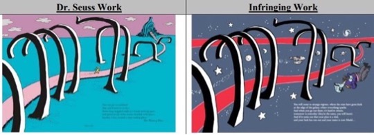 Two illustrated book pages compared. On the left, a small figure walks along a pink path that winds through tall, curved black arches against a bright blue background, with a whimsical creature seated in the distance. On the right, the same arches and winding path appear, but the setting is outer space, with stars, planets, and red trails across a dark sky. A figure in uniform floats near one of the arches.