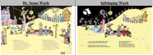 Two illustrated book pages compared. On the left, a Dr. Seuss-style scene shows whimsical characters waiting in various lines and settings: by a pink car, at a telephone booth, near clocks, and under an umbrella. On the right, the same layout and colors are used, but the characters differ: a mix of people and creatures wait in line, sit under umbrellas, and gather near a telephone booth, while a central figure hangs from a rope beneath a large lightbulb.
