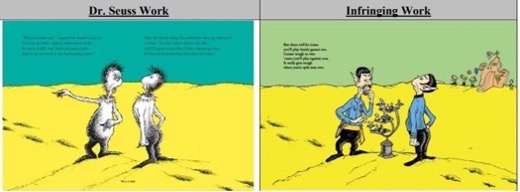 Two illustrated book pages compared. On the left, Dr. Seuss’s original scene shows two whimsical, scruffy characters standing face-to-face on a yellow, barren landscape, each pointing at the other. On the right, the same desert-like setting is used, but the characters are different: two uniformed figures with pointed ears and distinctive hairstyles stand across from each other with a tall object between them, while additional small figures appear in the background.