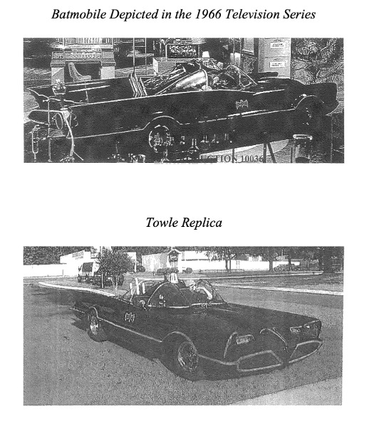 Two black-and-white photographs of cars. The top image shows the Batmobile from the 1966 television series, a sleek, customized black car with bubble windshields and bat symbols on the doors. The bottom image shows the Towle Replica, a similar vehicle with the same overall shape and design elements, also featuring bat symbols, photographed outdoors on a street.