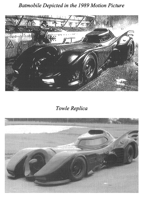 Two black-and-white photographs of cars. The top image shows the Batmobile from the 1989 motion picture, a sleek, futuristic vehicle with an elongated body, dramatic curves, and a covered cockpit. The bottom image shows the Towle Replica, a very similar car with the same elongated shape, flared wheel covers, and central canopy, photographed outdoors on pavement.
