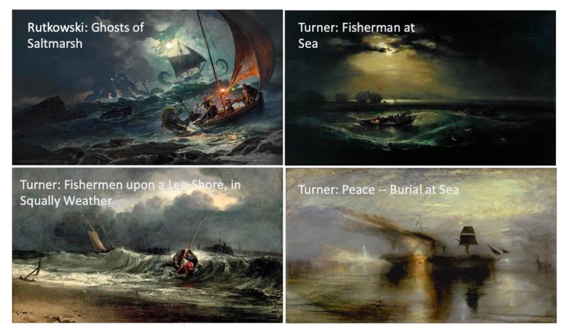 A collage of four seascape paintings. Top left: “Ghosts of Saltmarsh” by Rutkowski shows a dramatic, stormy sea with a small ship battling waves under eerie green light. Top right: Turner’s “Fisherman at Sea” depicts boats illuminated by a moonlit sky, with dark water swirling beneath. Bottom left: Turner’s “Fishermen upon a Lee Shore, in Squally Weather” shows boats tossed in rough waves, with figures clinging desperately. Bottom right: Turner’s “Peace — Burial at Sea” presents a somber ship scene, with smoke rising into a hazy sky above calm but reflective waters.