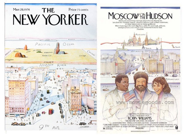 Two illustrated images side by side. On the left, a famous New Yorker magazine cover from March 29, 1976, shows a cartoonish map view of Manhattan’s 9th Avenue stretching westward, with exaggeratedly small representations of the Hudson River, New Jersey, the Pacific Ocean, and distant landforms. On the right, a movie poster for Moscow on the Hudson mirrors the style, showing New York skyscrapers in the foreground and Moscow landmarks in the background, with three characters—one holding an American flag—standing prominently at the bottom.