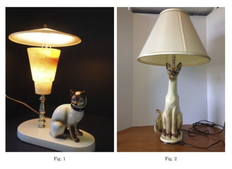 Two vintage cat-themed table lamps. Fig. 1 shows a lamp with a squat ceramic cat figurine at the base, white with dark points, wearing a black collar. The shade is conical with a glowing amber tone. Fig. 2 shows a taller lamp with a slender ceramic Siamese-style cat figurine forming the base, cream with brown points. It has a large beige conical shade and sits on a wooden surface.