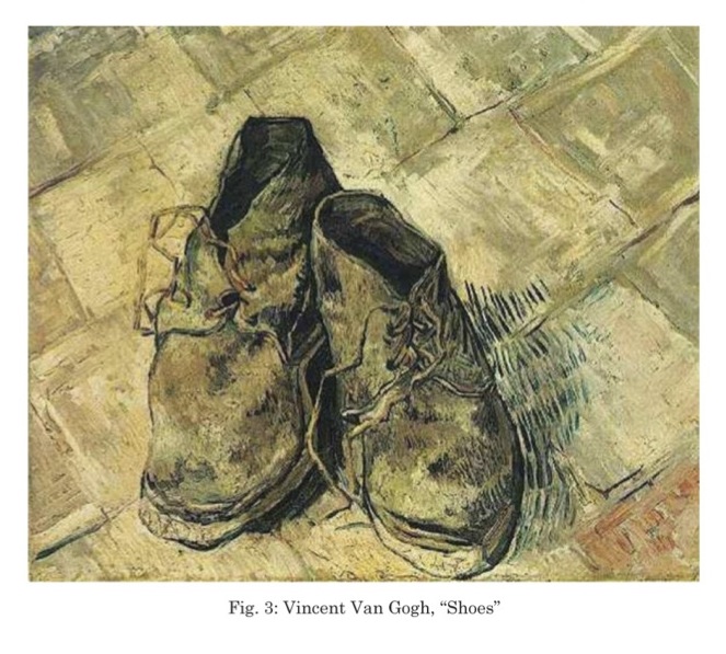 A painting by Vincent van Gogh titled Shoes. It depicts a worn, brown pair of lace-up work shoes resting on a tiled floor. The shoes appear scuffed and creased, with loose laces, rendered in Van Gogh’s distinctive textured brushstrokes. The muted tones of tan, brown, and green give the scene a rugged, earthy feel.