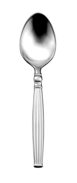 Left, a technical drawing of a large spoon shown in three views: front, profile, and back. Right, a metal spoon with a reflective oval bowl and a long handle. The handle has vertical grooves running its length, ending in a squared tip with simple decorative ridges.