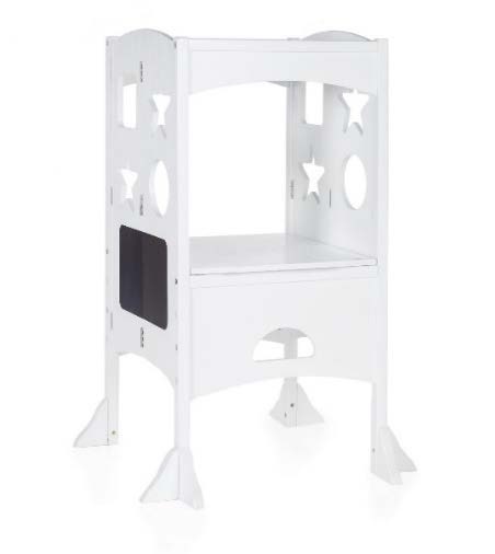 A white wooden step stool designed for children, with guard rails on all sides. The sides feature cut-out shapes including circles, stars, and rectangles. The stool has a wide base with flared feet for stability and an elevated platform inside for standing.