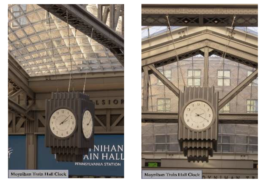 Two side-by-side photographs show the suspended clock inside Moynihan Train Hall at Pennsylvania Station. The clock is a tall, dark, rectangular structure with vertical, ribbed Art Deco-style detailing. Large round cream-colored clock faces with black numbers and hands are visible on multiple sides. The clock hangs from thin cables attached to exposed steel beams beneath the hall’s high glass-and-metal roof.