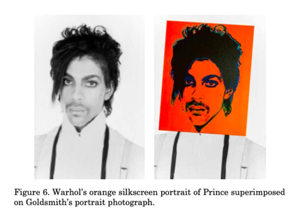 Warhol’s orange silkscreen portrait of Prince superimposed on Goldsmith’s portrait photograph.