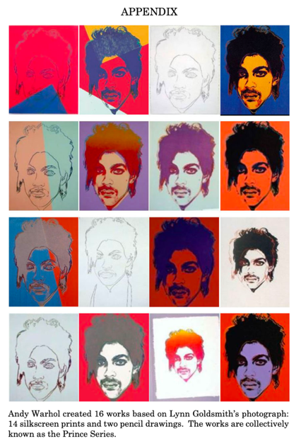 Sixteen portraits of Prince arranged in a 4x4 grid, created by Andy Warhol in various vivid color schemes and styles. Some are silkscreen prints with bold, contrasting hues, while others are minimal line drawings. The variations alter background colors, facial tones, and shading, producing dramatically different moods. The caption notes: Andy Warhol created 16 works based on Lynn Goldsmith’s photograph: 14 silkscreen prints and two pencil drawings. The works are collectively known as the Prince Series.