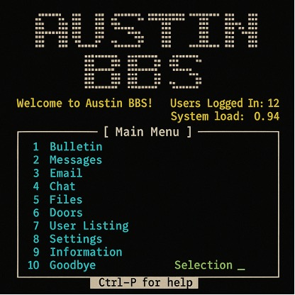 The image above depicts a simulated old-style Bulletin Board System (BBS) screen, with text displayed in blocky, fixed-width characters on a black background. At the top, “AUSTIN BBS” appears in large ASCII-art letters. Below, yellow text says “Welcome to Austin BBS!” and lists “Users Logged In: 12” and “System load: 0.94.” Menu options are numbered and include “bulletin,” “chat,” and “files.”