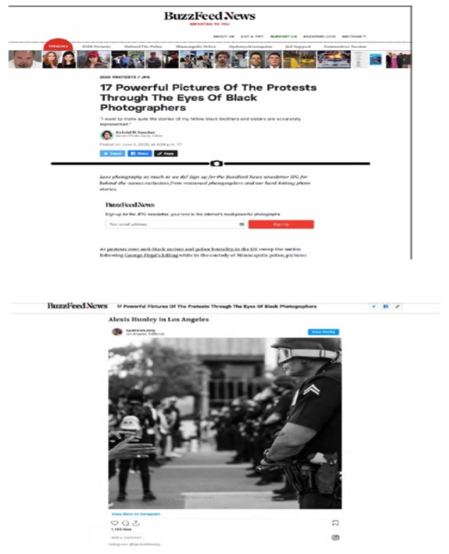 A screenshot of a BuzzFeed News article titled “17 Powerful Pictures Of The Protests Through The Eyes Of Black Photographers.” The page shows the headline, byline, and sharing options, followed by a black-and-white protest photograph. In the photo, police officers in riot gear face demonstrators on a city street, with tension evident in the scene.
