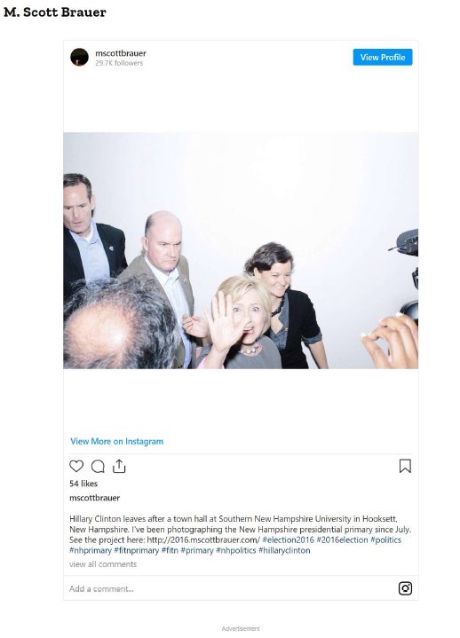 A screenshot of an Instagram post by photographer M. Scott Brauer. The photo shows Hillary Clinton leaving an event at Southern New Hampshire University, surrounded by security personnel and supporters. She appears in the center, slightly raising her hand while moving through a crowd in a brightly lit, somewhat chaotic scene.
